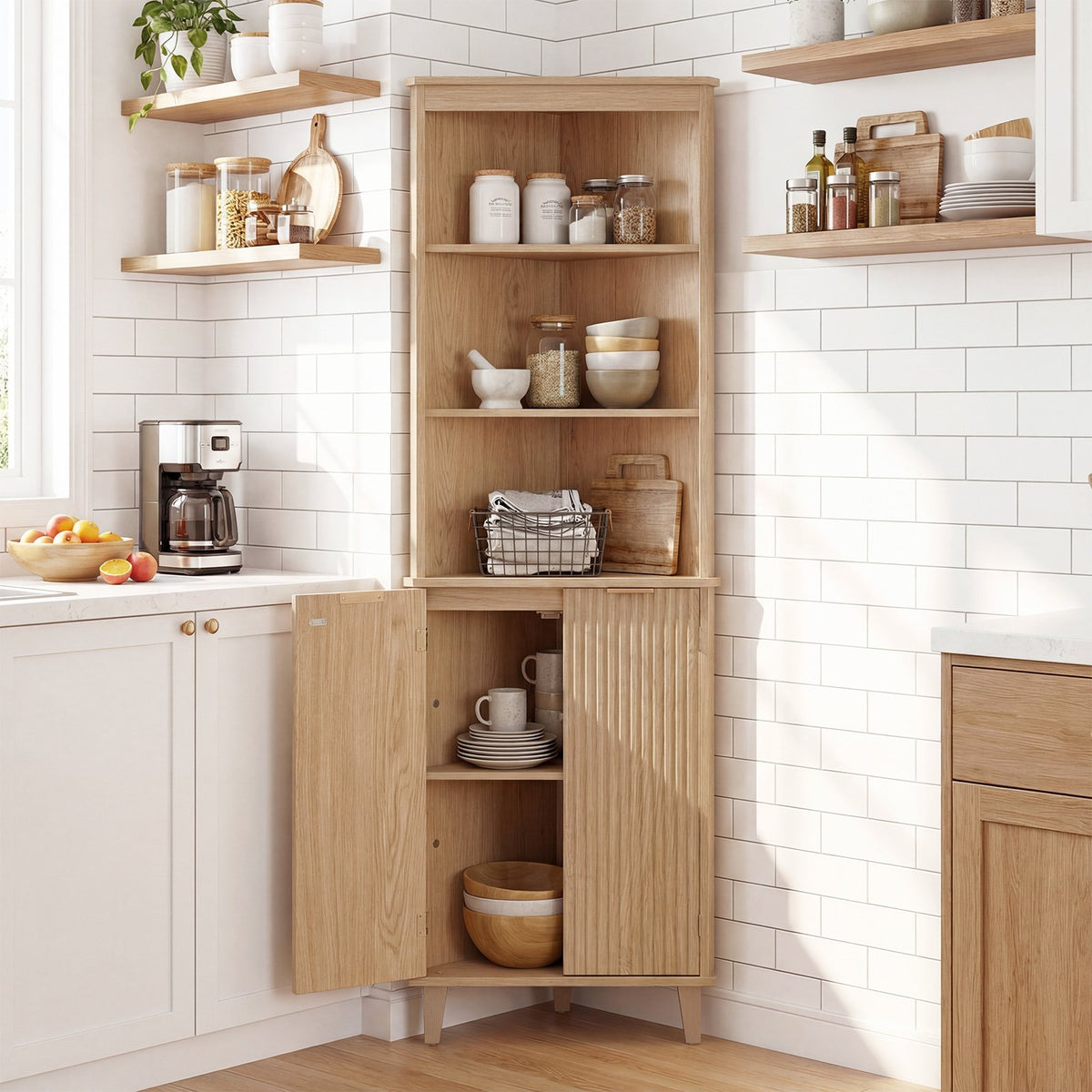 68 Inch Tall Corner Cabinet with Fluted Doors for Bathroom-Oak view 6