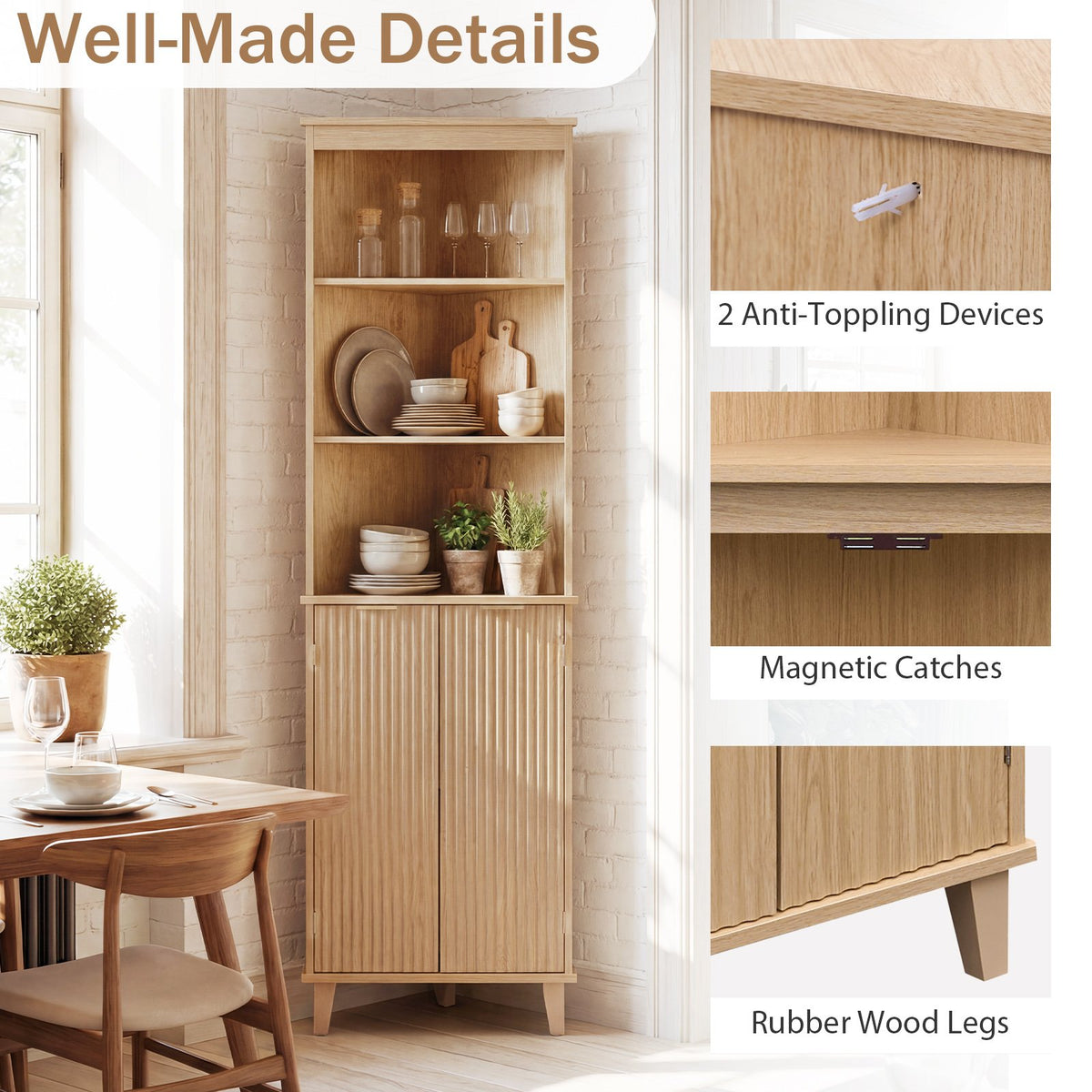 68 Inch Tall Corner Cabinet with Fluted Doors for Bathroom-Oak view 9