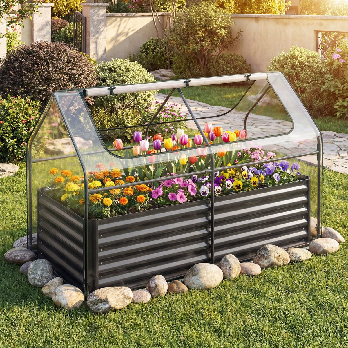 68 x 33 x 21 Inch Galvanized Raised Garden Bed with Cover-Black view 2