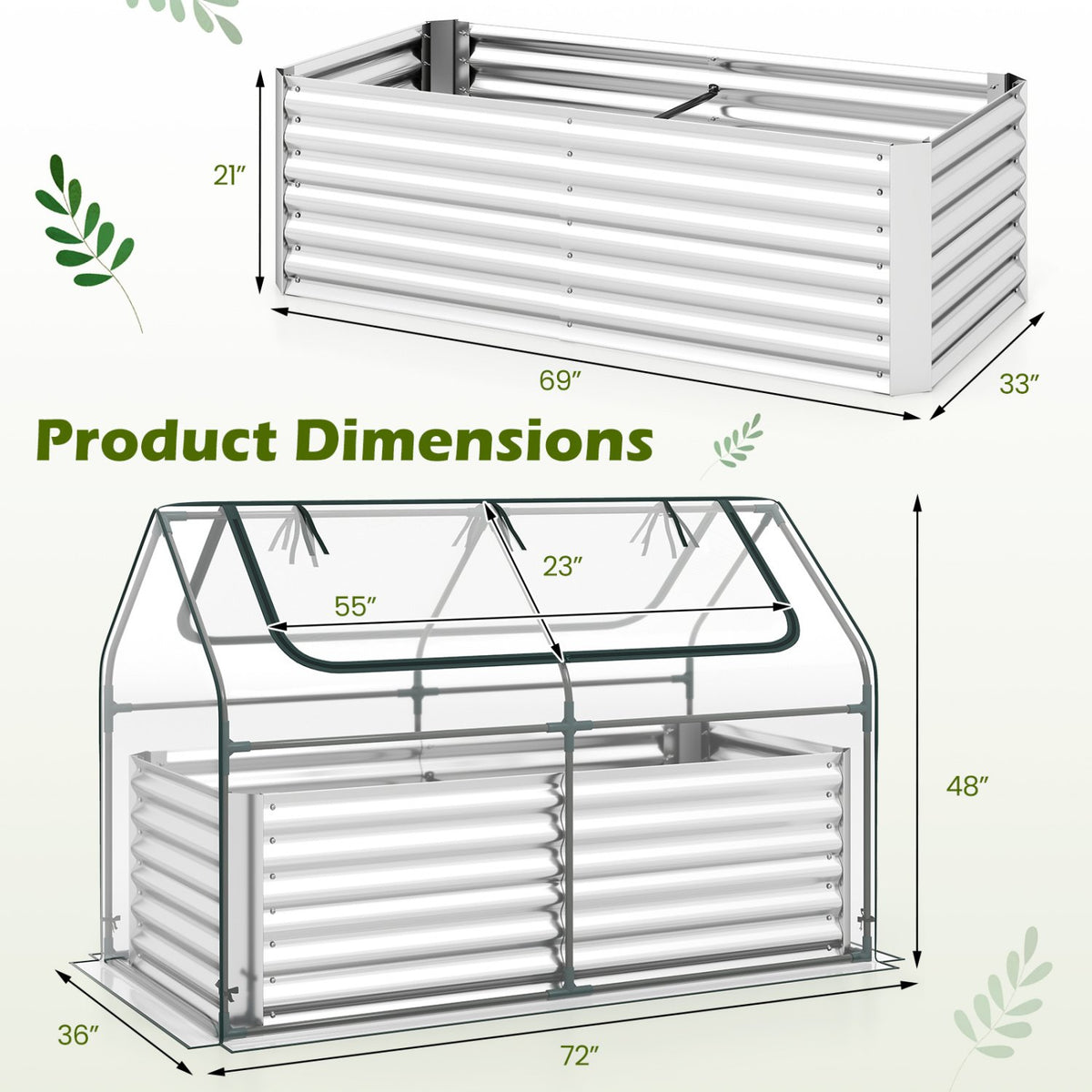 68 x 33 x 21 Inch Galvanized Raised Garden Bed with Cover-Silver view 4