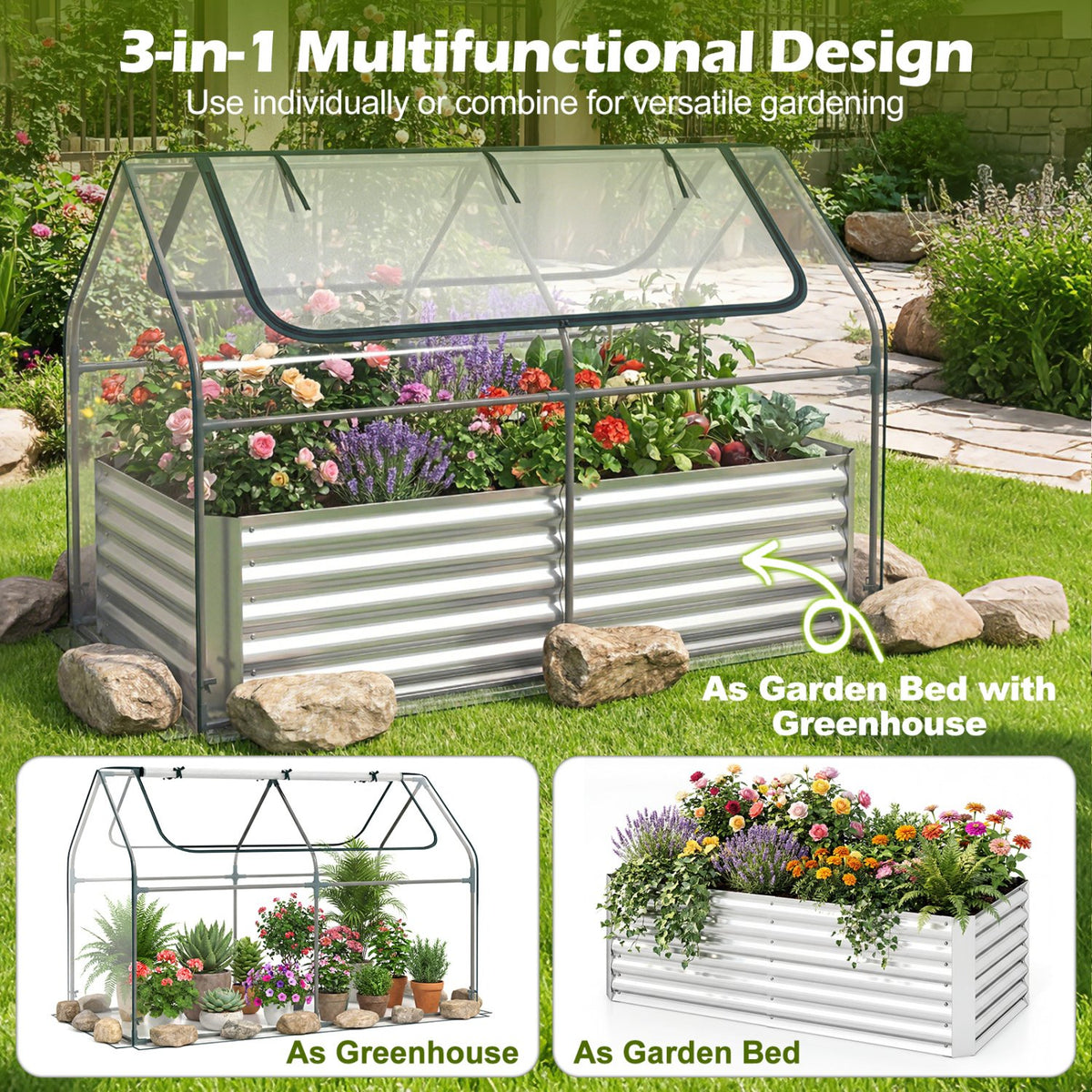 68 x 33 x 21 Inch Galvanized Raised Garden Bed with Cover-Silver view 5