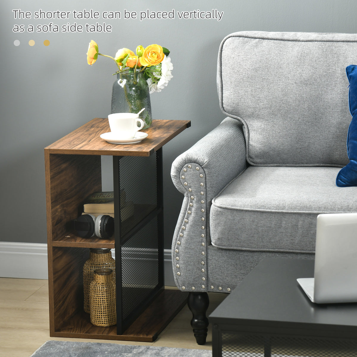 Coffee Table Set of 2, Industrial Nesting Tables, Square Coffee Table and Narrow Sofa Side Table for Living Room