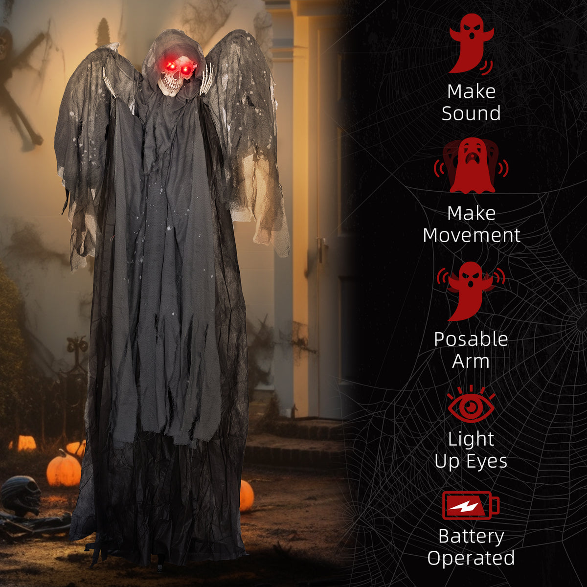 6.4' Life Size Winged Grim Reaper Outdoor Halloween Decoration Animatronic, Animated Prop w/ Light Up Eyes