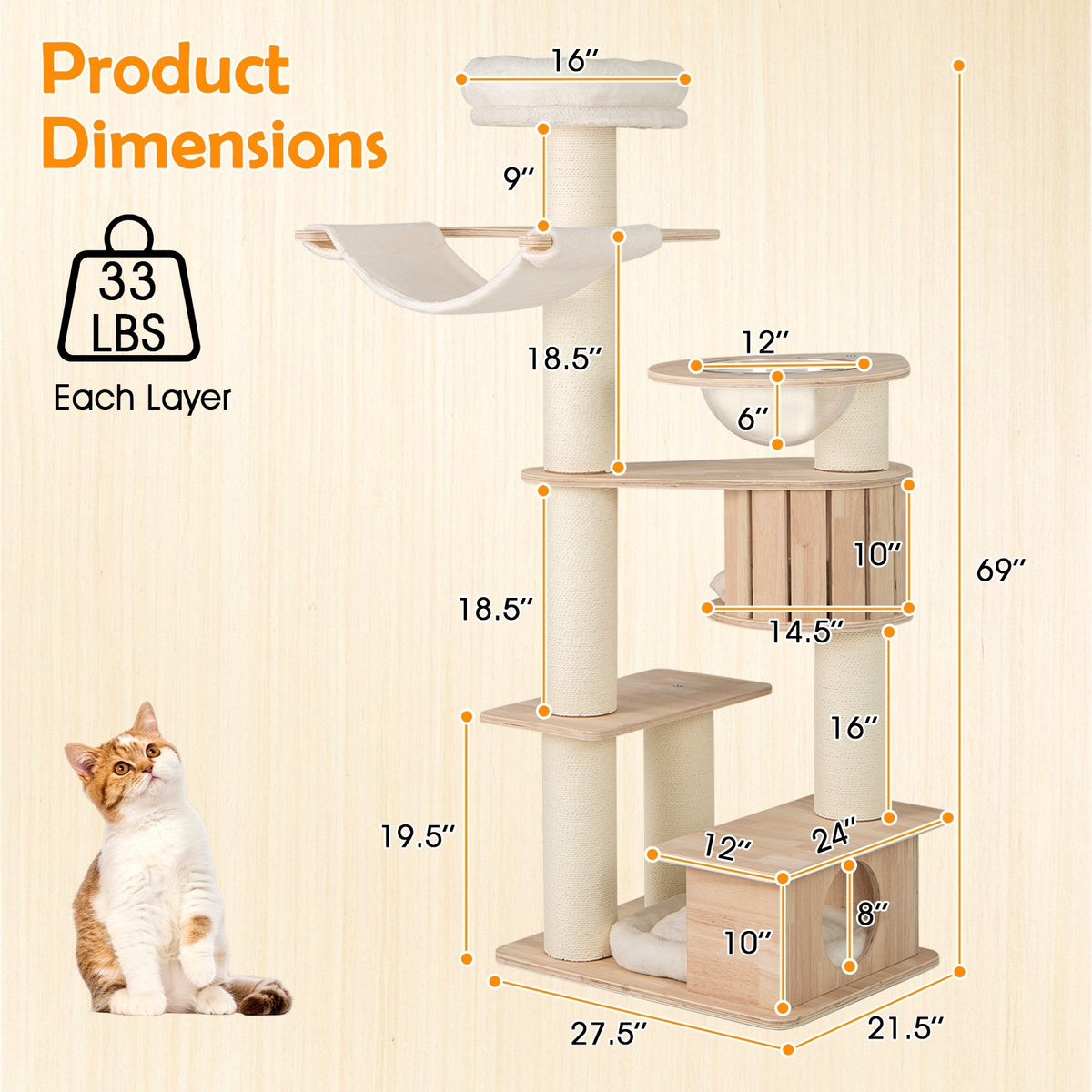 69 Inches Tall Cat Tree with Cozy Top Perch and Washable Plush Cushions view 5