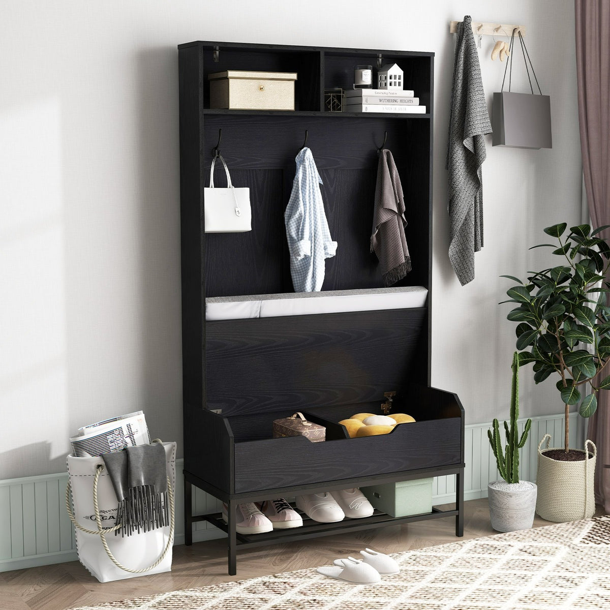 69 Inches Tall Hall Tree 4-in-1 Coat Rack with Seat Cushion and Shoe Storage-Black view 3