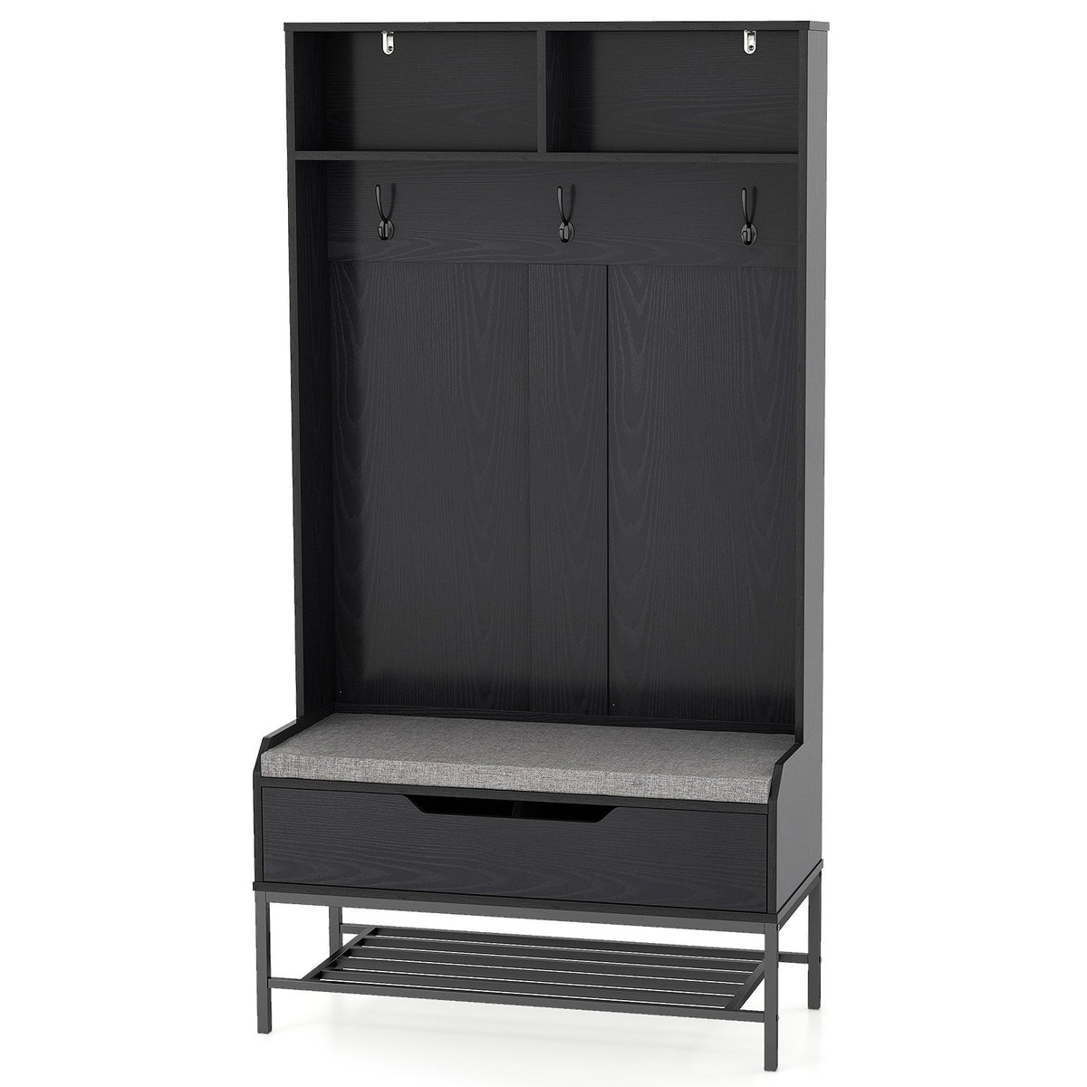 69 Inches Tall Hall Tree 4-in-1 Coat Rack with Seat Cushion and Shoe Storage-Black view 4
