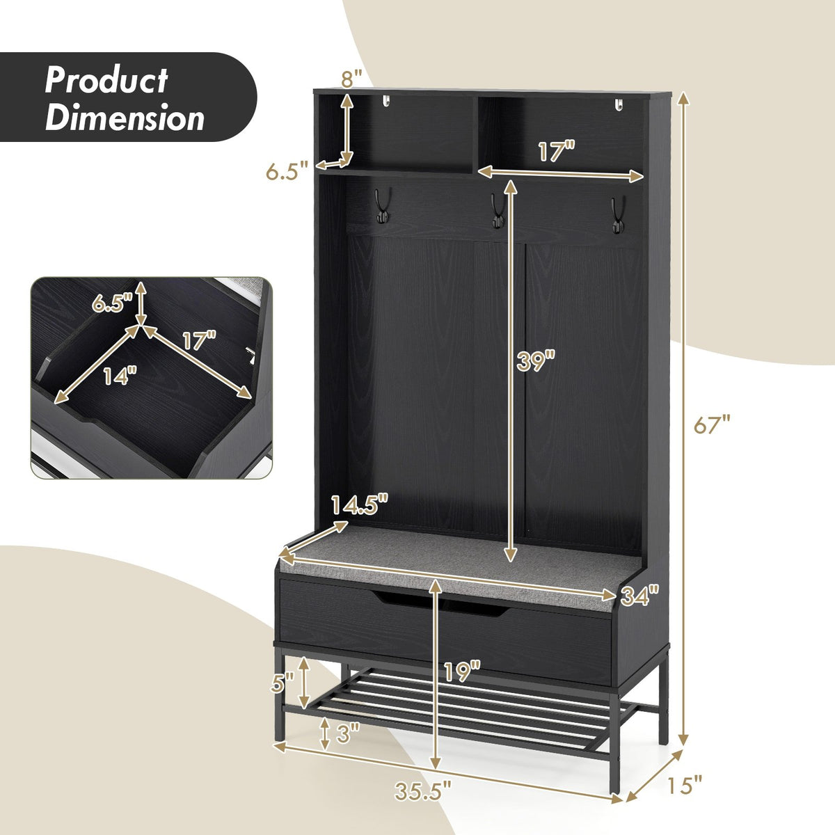69 Inches Tall Hall Tree 4-in-1 Coat Rack with Seat Cushion and Shoe Storage-Black view 5
