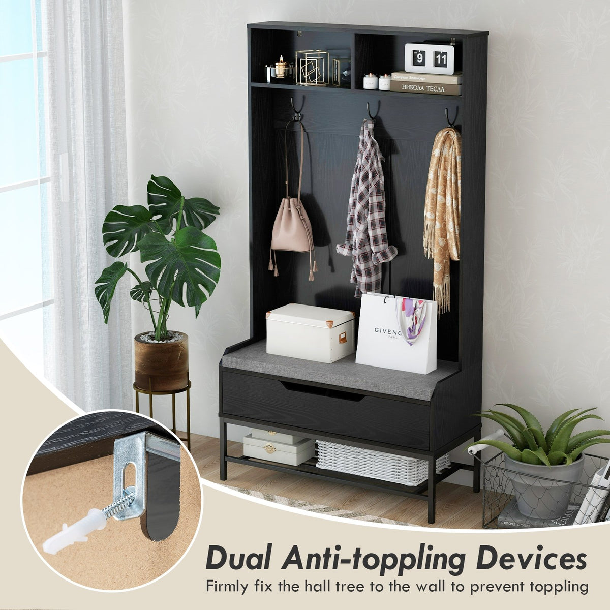 69 Inches Tall Hall Tree 4-in-1 Coat Rack with Seat Cushion and Shoe Storage-Black view 9