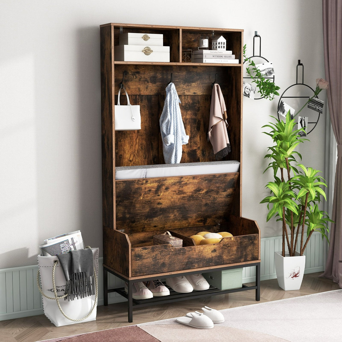 69 Inches Tall Hall Tree 4-in-1 Coat Rack with Seat Cushion and Shoe Storage-Rustic Brown view 2