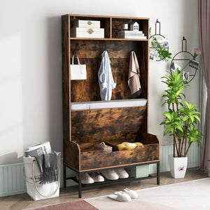 69 Inches Tall Hall Tree 4-in-1 Coat Rack with Seat Cushion and Shoe Storage-Rustic Brown view 2