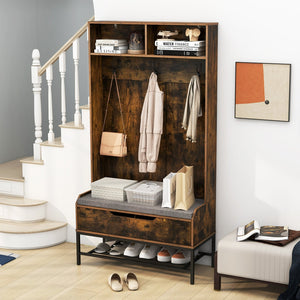 69 Inches Tall Hall Tree 4-in-1 Coat Rack with Seat Cushion and Shoe Storage-Rustic Brown view 3