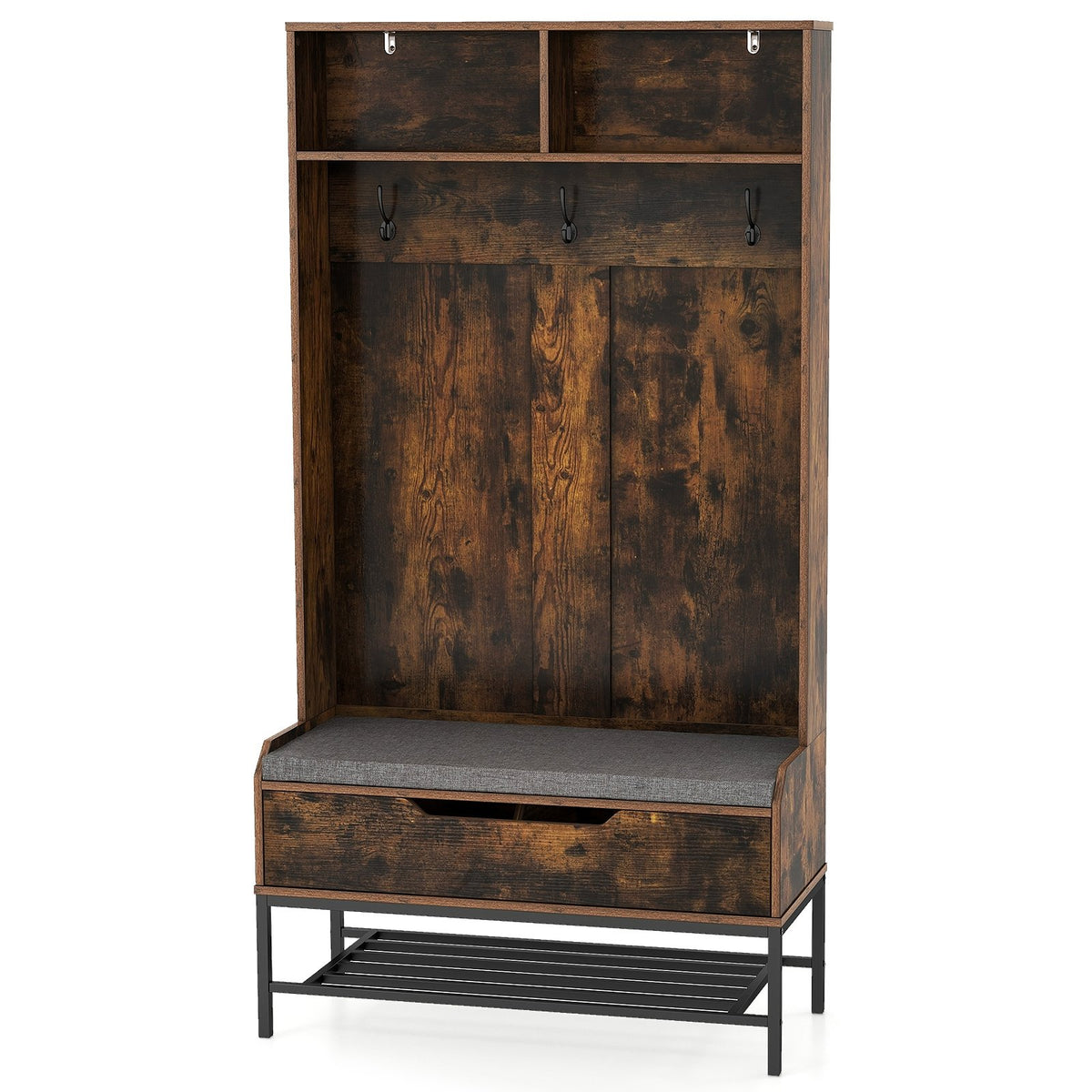 69 Inches Tall Hall Tree 4-in-1 Coat Rack with Seat Cushion and Shoe Storage-Rustic Brown view 4