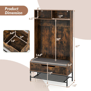69 Inches Tall Hall Tree 4-in-1 Coat Rack with Seat Cushion and Shoe Storage-Rustic Brown view 5