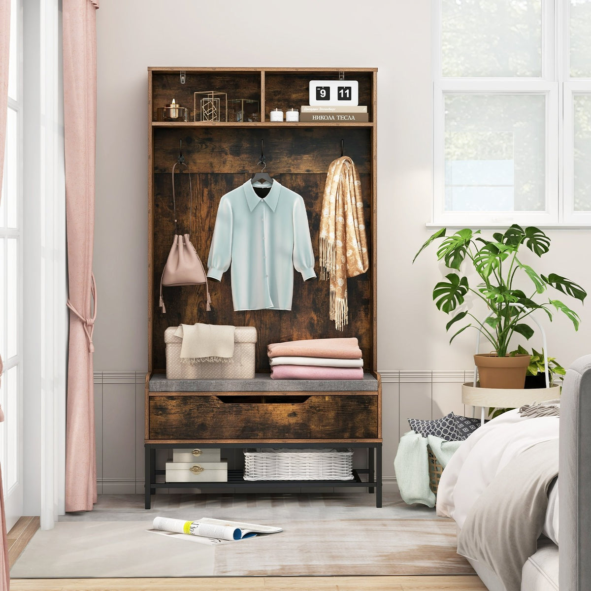 69 Inches Tall Hall Tree 4-in-1 Coat Rack with Seat Cushion and Shoe Storage-Rustic Brown view 6