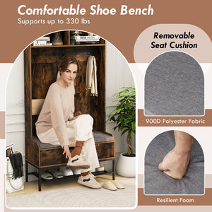 69 Inches Tall Hall Tree 4-in-1 Coat Rack with Seat Cushion and Shoe Storage-Rustic Brown view 7