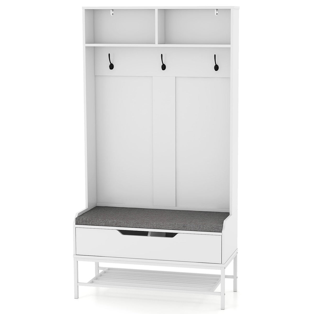 69 Inches Tall Hall Tree 4-in-1 Coat Rack with Seat Cushion and Shoe Storage-White view 4