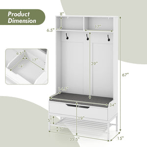 69 Inches Tall Hall Tree 4-in-1 Coat Rack with Seat Cushion and Shoe Storage-White view 5