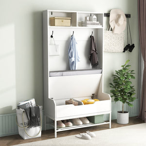 69 Inches Tall Hall Tree 4-in-1 Coat Rack with Seat Cushion and Shoe Storage-White view 6