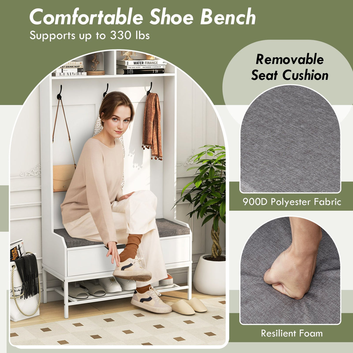 69 Inches Tall Hall Tree 4-in-1 Coat Rack with Seat Cushion and Shoe Storage-White view 8