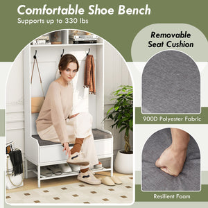 69 Inches Tall Hall Tree 4-in-1 Coat Rack with Seat Cushion and Shoe Storage-White view 8