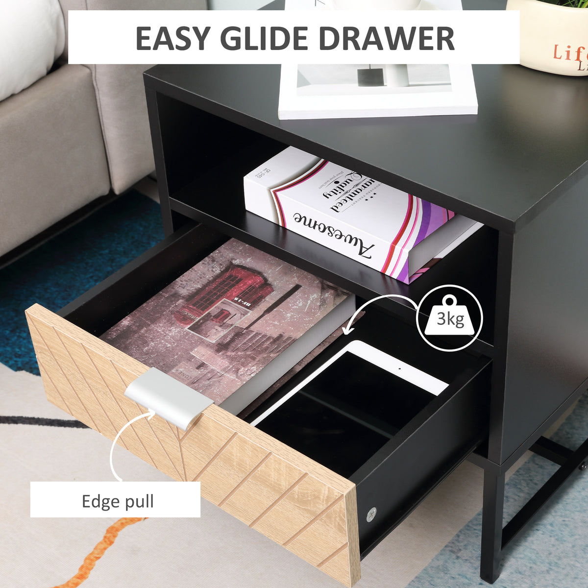 Modern Bedside Table with Drawer, Nightstand with Storage Shelf, Sofa End Table for Bedroom, Black and Oak
