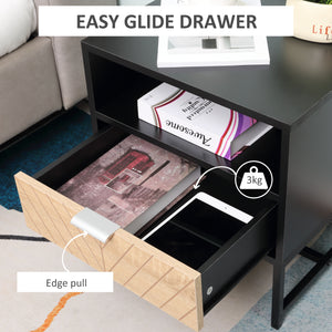 Modern Bedside Table with Drawer, Nightstand with Storage Shelf, Sofa End Table for Bedroom, Black and Oak