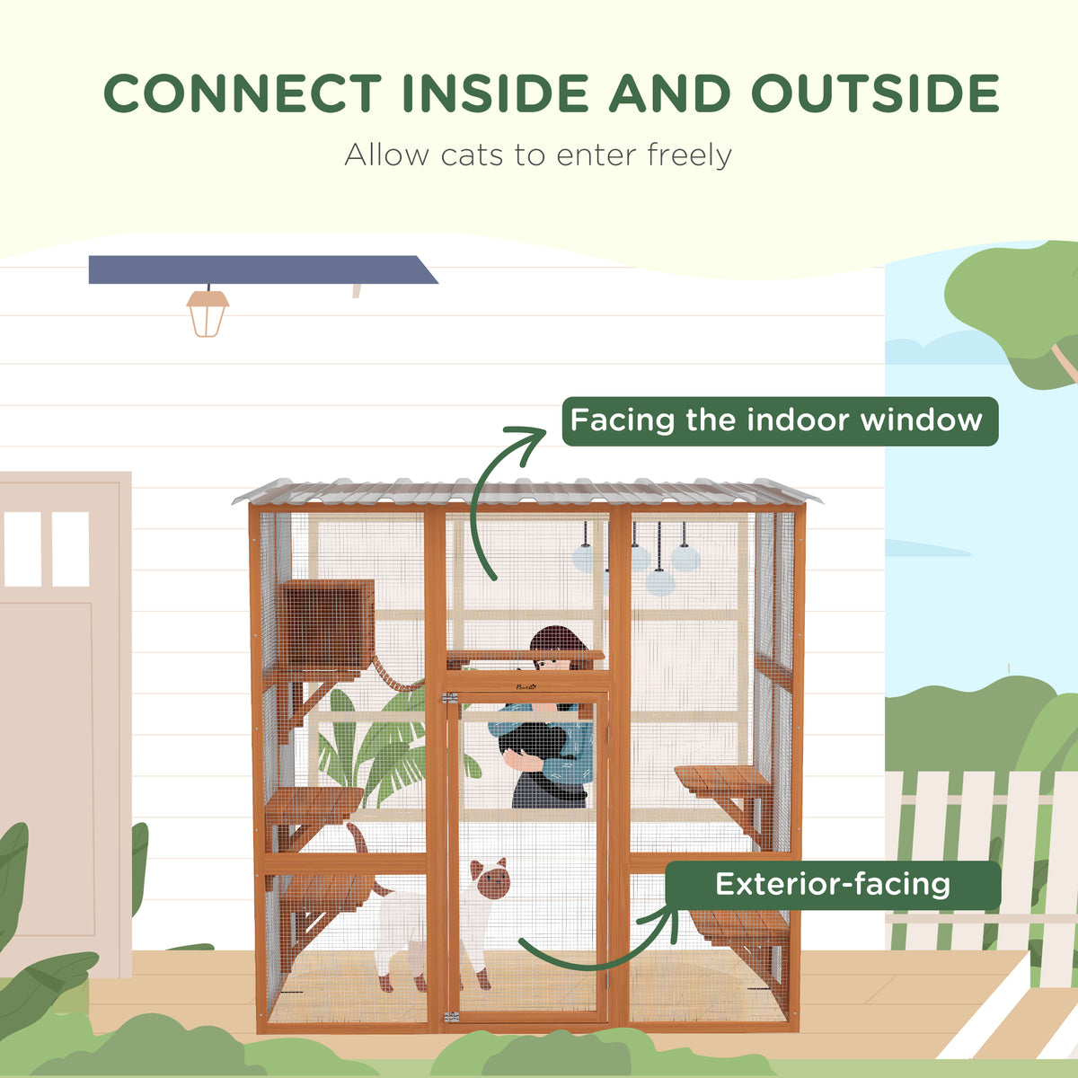 Large Outdoor Catio with Weatherproof Roof, Bridge, Resting Box, Platforms, Grey – view 10