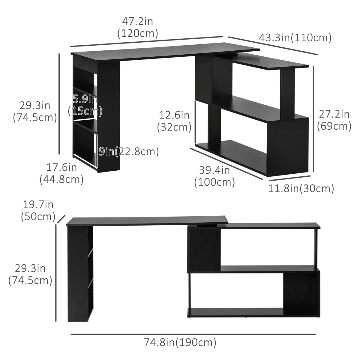 L Shaped Desk, 360° Rotating Corner Desk, Computer Writing Table Workstation with Storage Shelf for Home – view 2