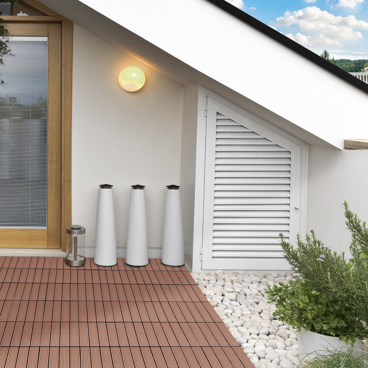 11 Pcs Plastic Interlocking Deck Tiles, 12" x 12" Non-slip Flooring Tiles for Indoor Outdoor Patio Balcony, Light Brown