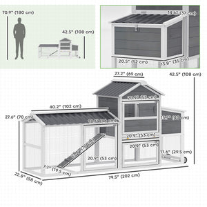 Chicken Coop with Wheels, 80" L Mobile Hen House with Run, Outdoor Wooden Chicken House with Nesting Box, Tray, Ramp