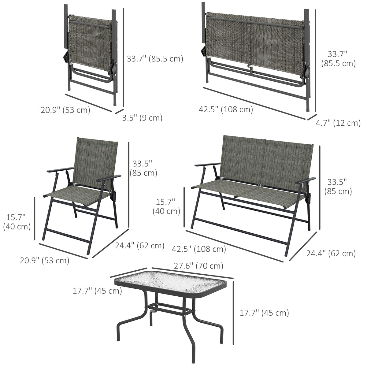 Outdoor 4 Pieces Patio Furniture Set, Garden Set with Two Foldable Armchairs, a Loveseat & Glass Top Table – view 2