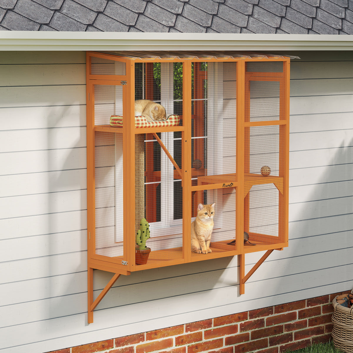 Wooden Catio Outdoor, Cat Window Box Enclosure for 2-3 Large Cats with 2 Jumping Platforms & Scratching – view 14