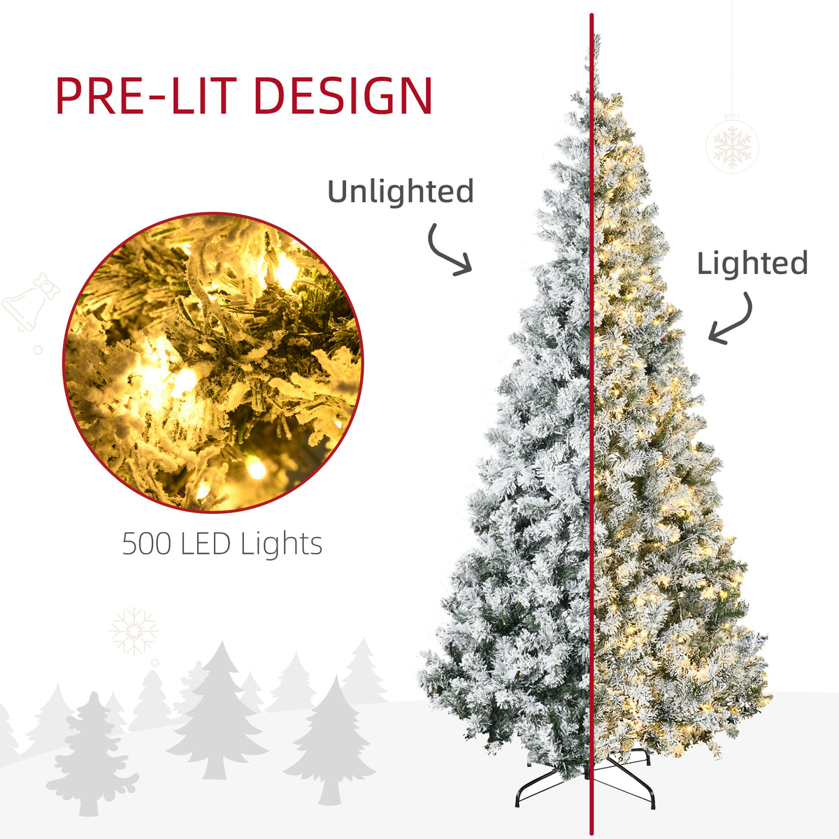 7.5ft Artificial Prelit Christmas Tree with Warm White LED Light, Snow Flocked Branches, Metal Base, Xmas Tree