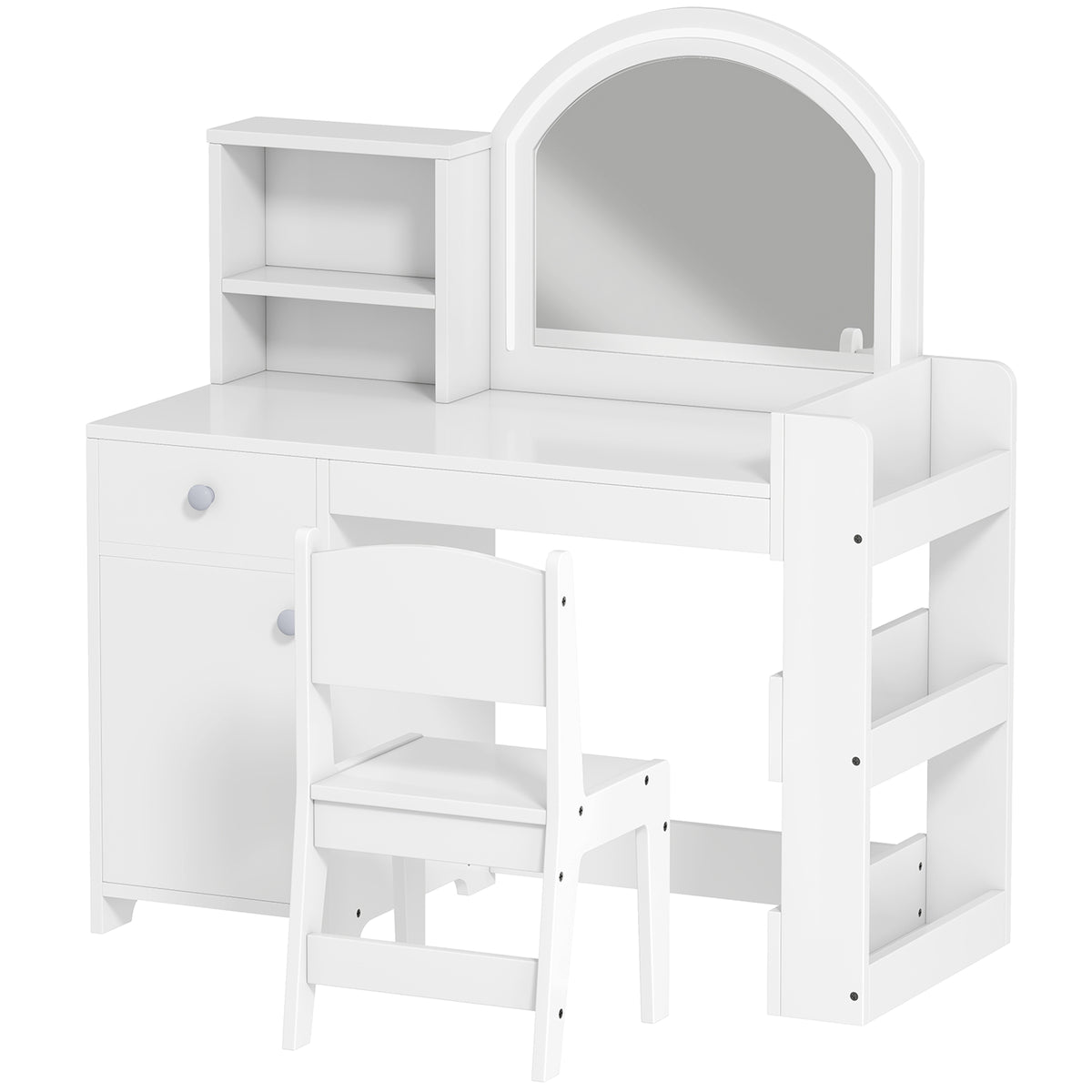 Qaba Kids Vanity Set, Toddler Dressing Table and Chair Set  with Lighted Mirror, Cabinet, Drawer and Shelves