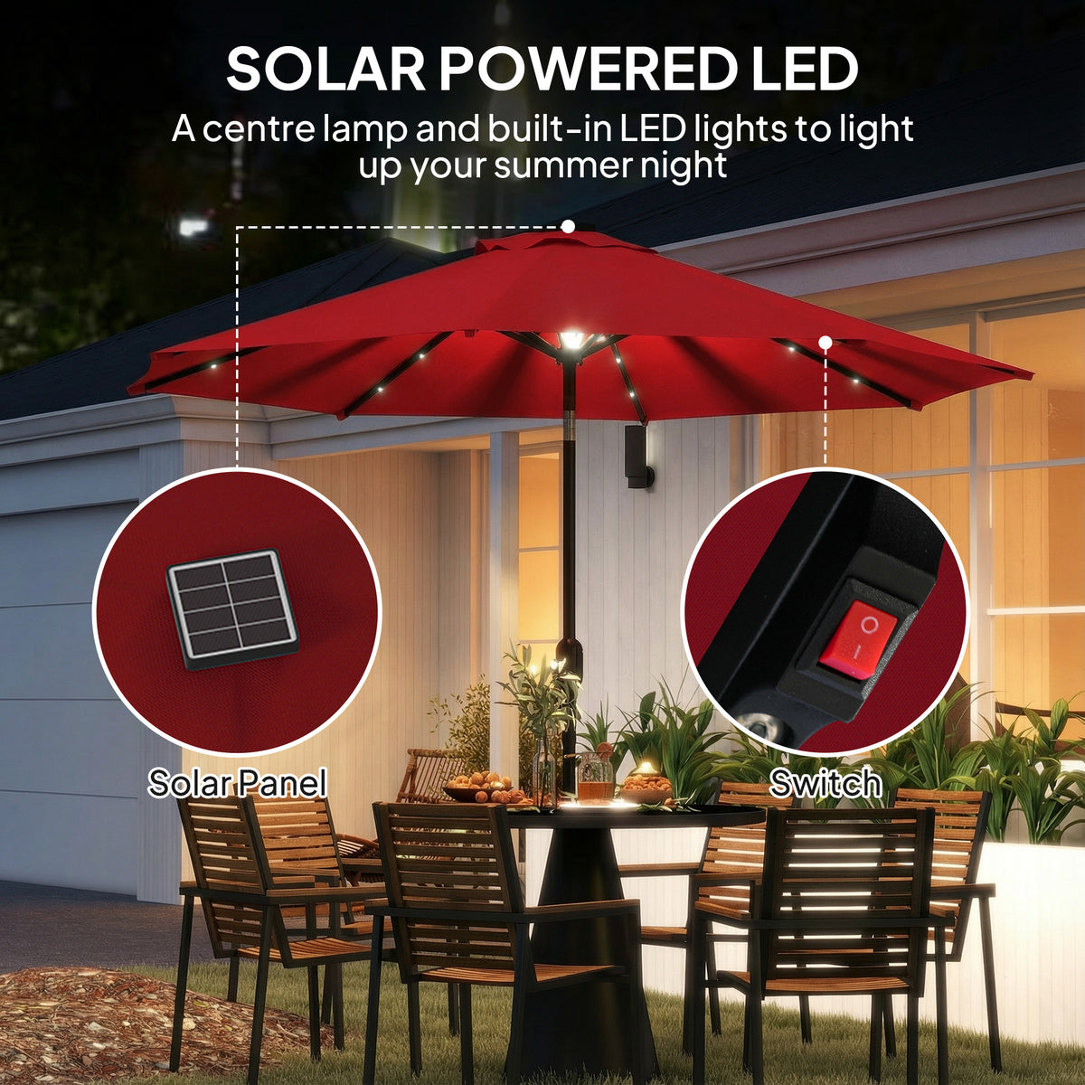 9ft Solar Patio Umbrella Outdoor Sunshade 24 LED Lights Tilt Canopy Wine Red – view 3