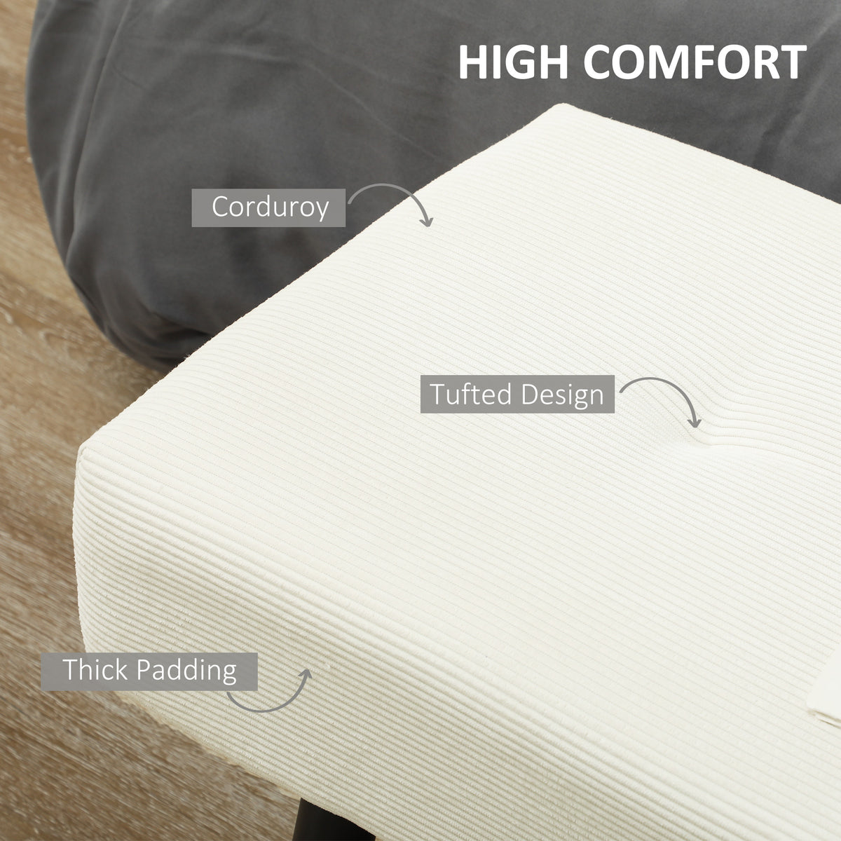 39" Upholstered Ottoman Bench, Corduroy Entryway Bedroom Bench with Padded Seat and Steel Legs for Bedroom – view 3