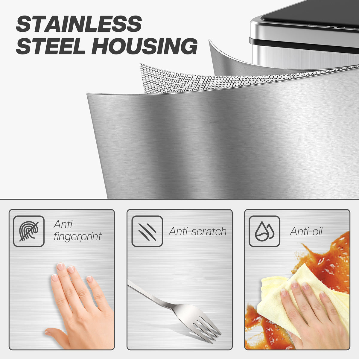 10.6 Gal (40 L) Automatic Garbage Can w/ Soft-Close Lid, Touchless Trash Can with Fingerprint Resistant Stainless Steel