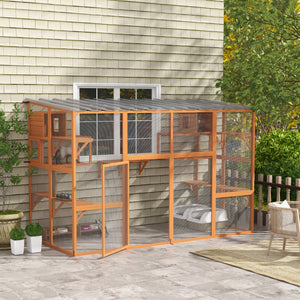 Large Outdoor Catio with 2 Condos, Jumping Platforms, Waterproof Roof, Orange