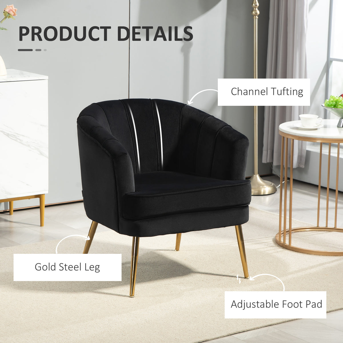 Fabric Armchair, Modern Accent Chair with Gold Metal Legs for Living Room, Bedroom, Home Office, Black – view 4