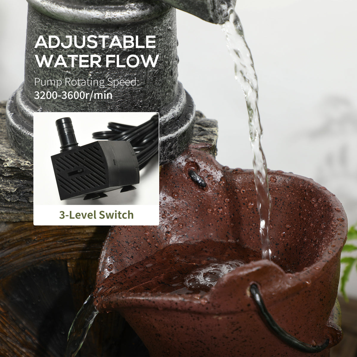 Wine Jars Outdoor Waterfall Fountain with Adjustable Flow, 4-Tier Rustic Resin Cascading Water Fountain, Decorative Backyard Water Feature for Zen Garden, Deck, Porch