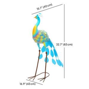 Peacock Garden Statue, 32.7" Standing Lawn Ornament, Steel Garden Decor Bird Statue with Stakes for Lawn Patio Backyard Decoration, Sky Blue