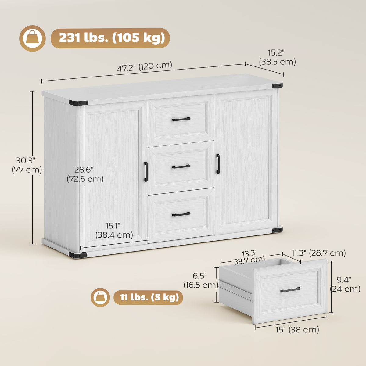 Sideboard with 3 Drawers and 2 Doors, 47" Buffet Cabinet with Adjustable Shelves for Kitchen – view 9