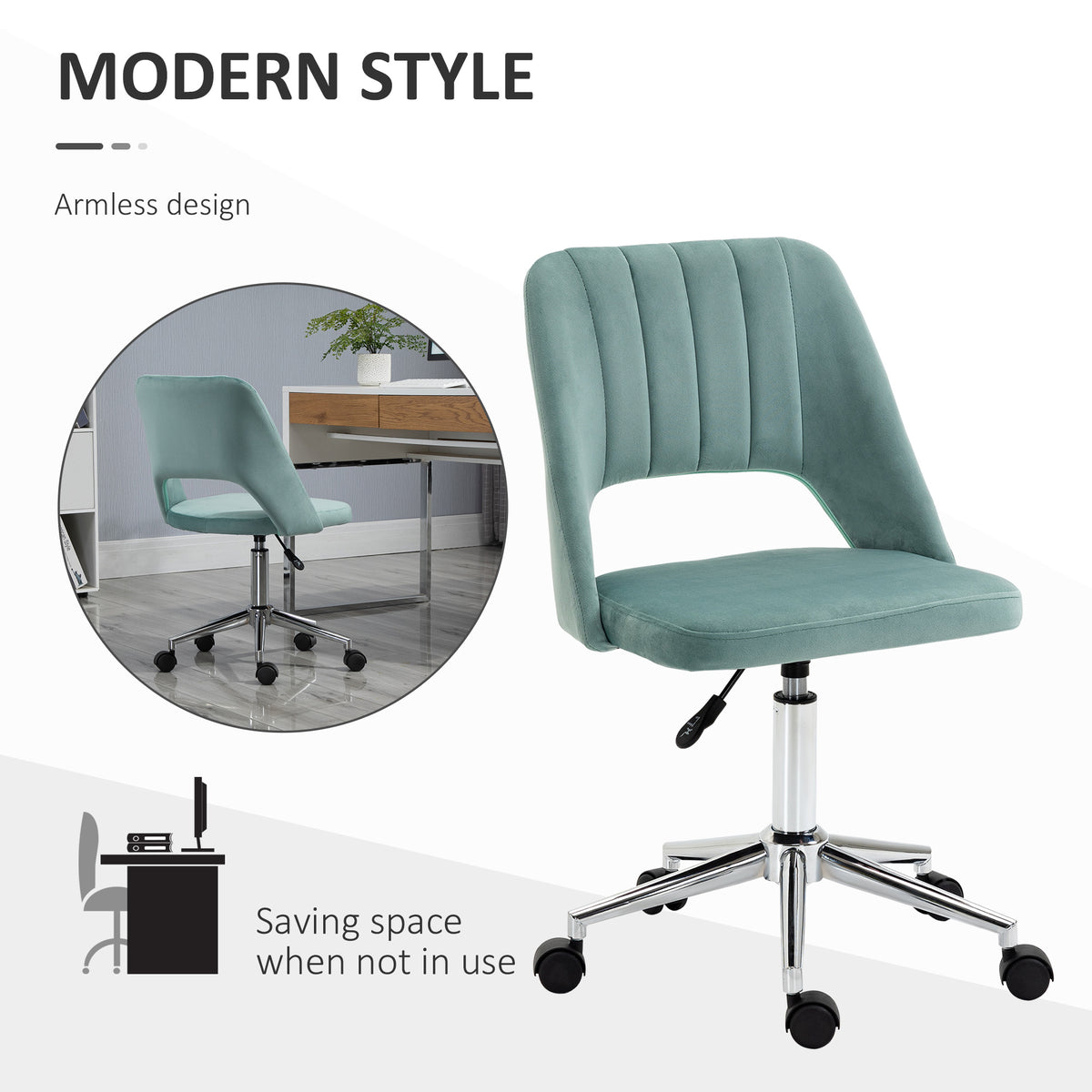 Mid Back Office Chair Velvet Fabric Swivel Scallop Shape Computer Desk Chair, Green – view 4