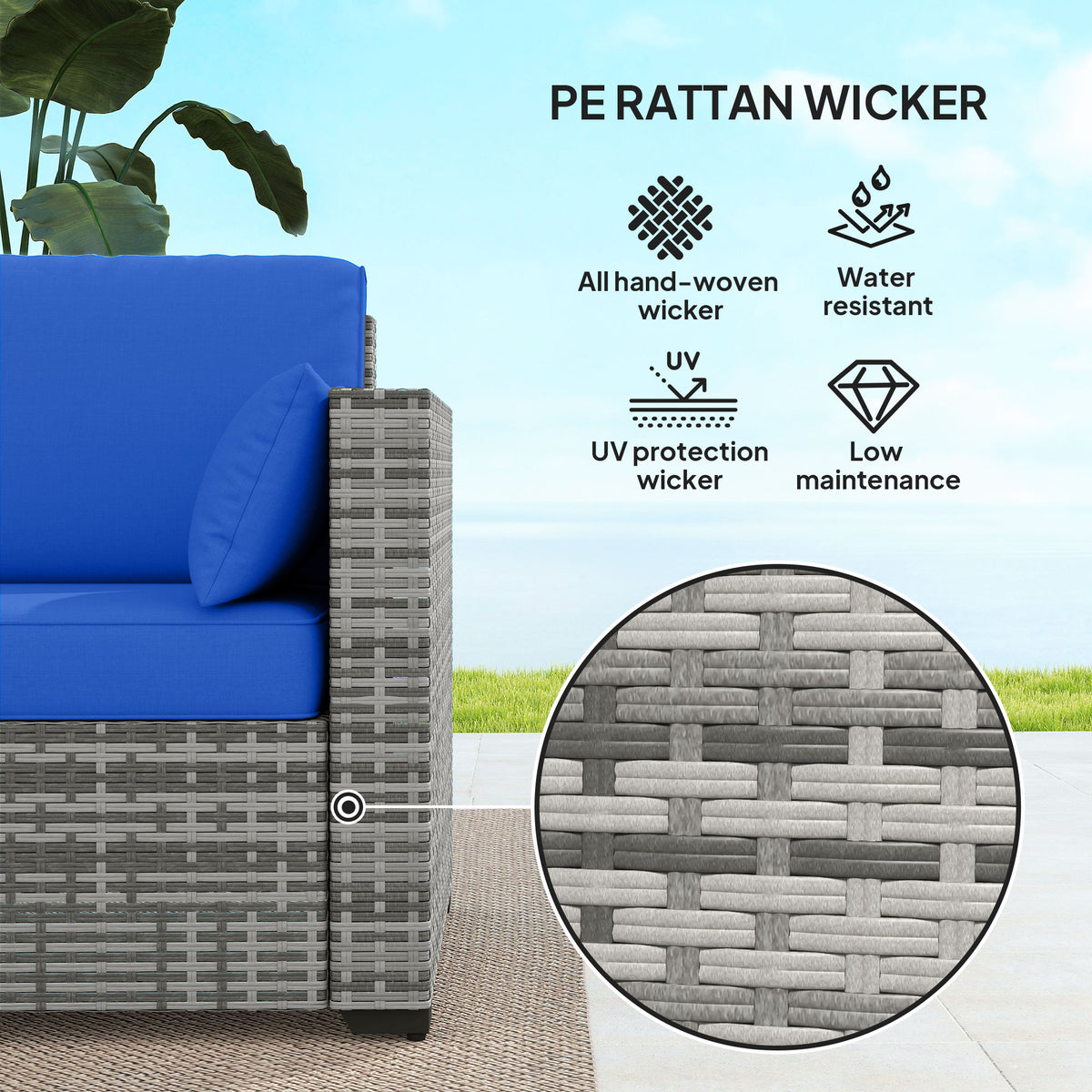 3-Seater Outdoor Sofa with Cushions, PE Rattan Conversation Patio Couch with Pillows for Garden, Poolside, Blue