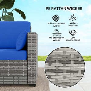 3-Seater Outdoor Sofa with Cushions, PE Rattan Conversation Patio Couch with Pillows for Garden, Poolside, Blue
