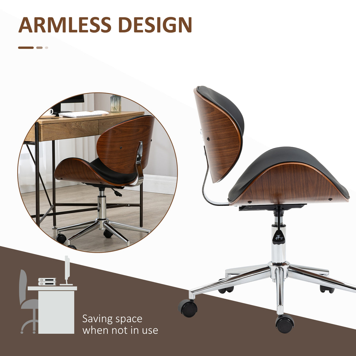 Office Chair, Faux Leather and Bentwood Computer Desk Chair with 360 Degree Swivel Wheels, Adjustable Height and Curved Seat, Black