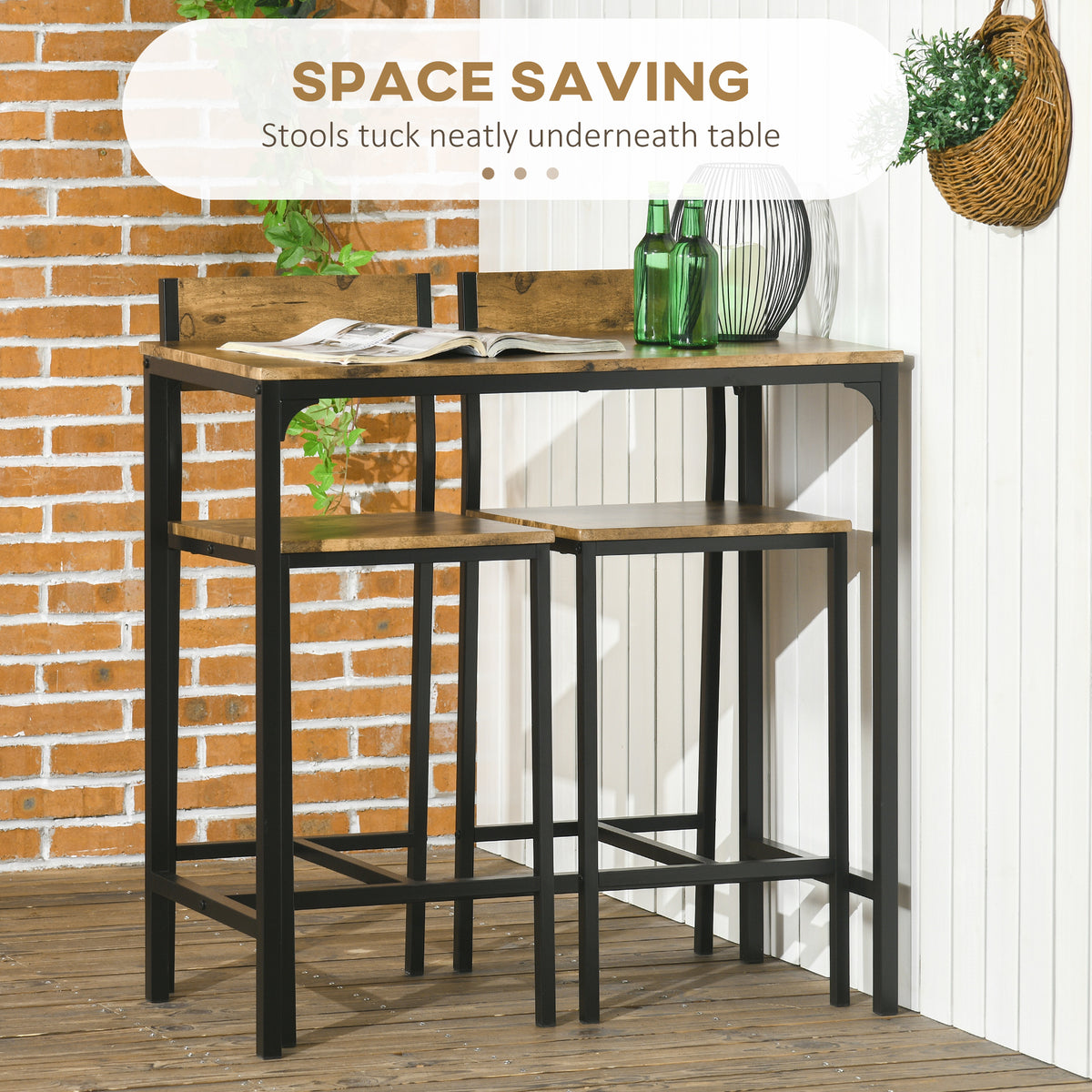Industrial Bar Table Set Counter Height 3 Piece and 2 High Back Stools Set Dining Table Set Natural Wood