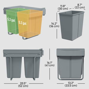 Pull Out Trash Can Under Cabinet, 10.6 Gallon (40L) Slide Out Garbage Can with 2 Removable Compartments, Grey