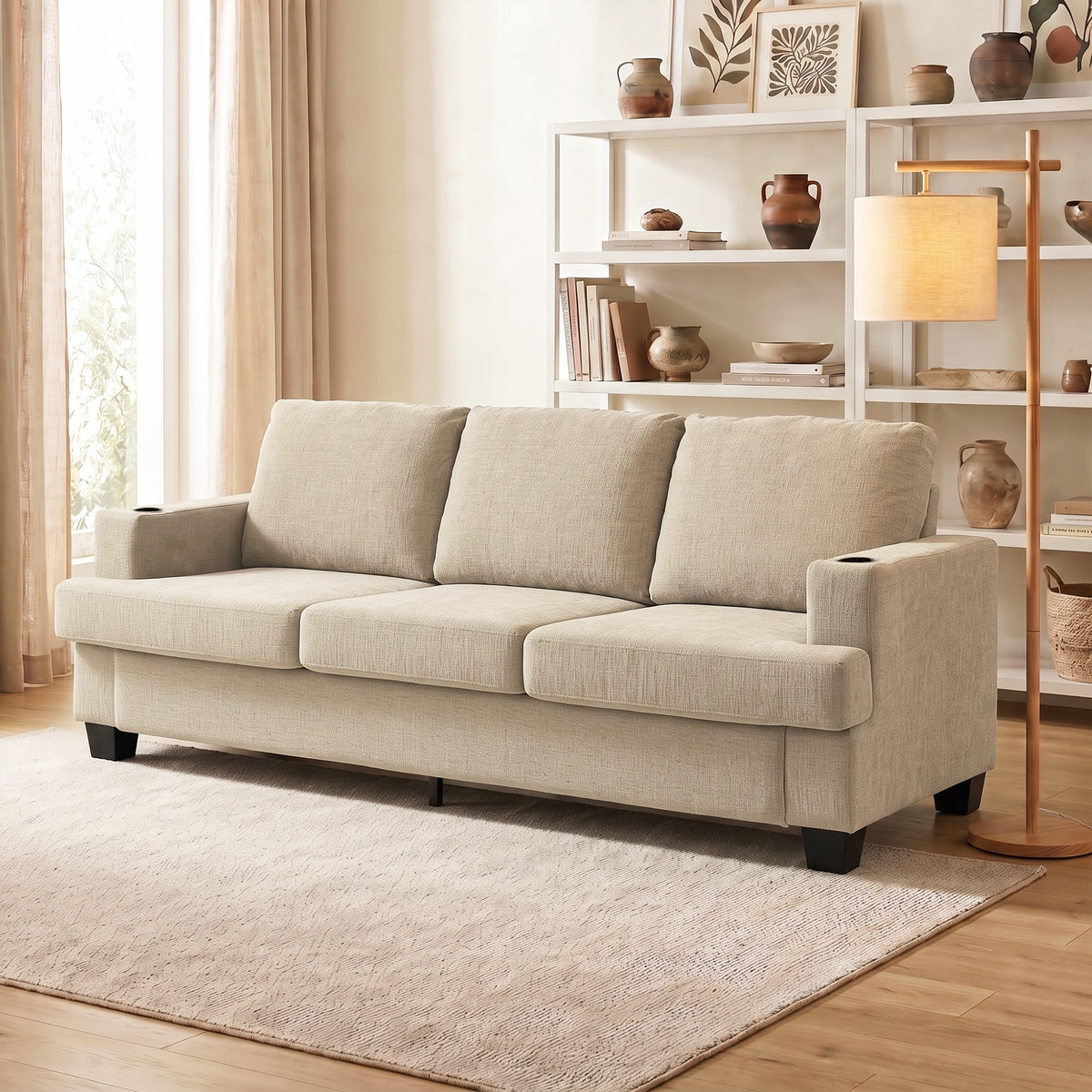 3 Seater Sofa with USB Ports & Cup Holders, Chenille-Feel Upholstered Couch for Living Room, Grey – view 14