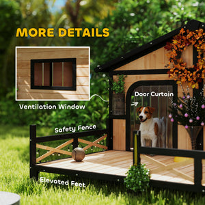 59"x64"x39" Wood Dog House Outdoor Cabin-Style Elevated Pet Shelter with Porch Deck, Beige